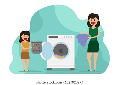 Housekeeping vector concept: Young mother and daughter washing clothes on machines together