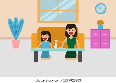 Concepto de vector de mantenimiento de la vivienda: La madre joven y la pequeña hija limpian la mesa juntos mientras usan una botella de aerosol