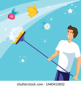 housekeeping worker with broom and icons