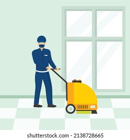 Housekeeping worker with Electric Floor Shine Concept vector icon design, Industrial cleaning service symbol, office and street caretaker Sign, maintenance appliance and equipment stock illustration