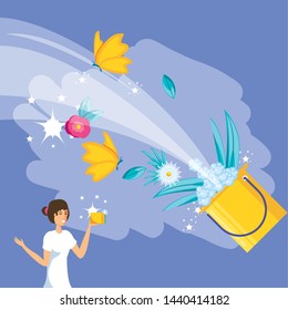 housekeeping worker female with bucket and icons