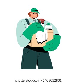 Housekeeping worker holds box with detergents. Cleaner in gloves carrying domestic chemistry bottles for cleanup, housework. People work in cleaning service. Flat isolated vector illustration on white