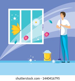 housekeeping worker indoor with icons