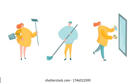 Housekeeping workers characters cleaning the house with bucketr, broom, mop and spray. Happy clipart set for cleaning company website or advertisment.