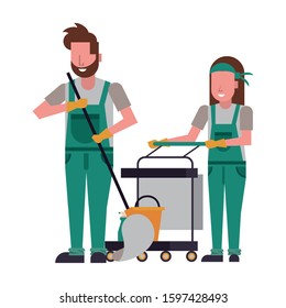 housekeeping workers couple with equipment characters vector illustration design