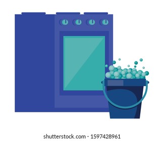 housekepping bucket tool with kitchen oven vector illustration design