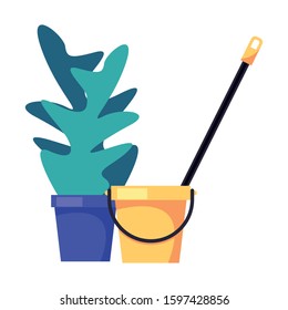 housekepping bucket tool with mop and houseplant vector illustration design