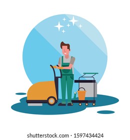 housekepping male worker with Floor shining vector illustration design