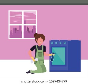 housekepping woman worker with splash bottle vector illustration design