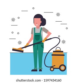 housekepping woman worker with vacuum cleaner vector illustration design