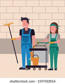 housekepping workers couple with equipment characters vector illustration design