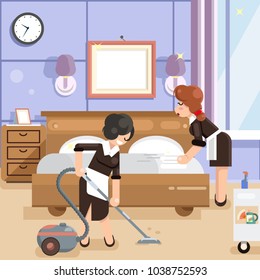 Housemaid cleaners clean room hotel cleanliness flat design vector illustration