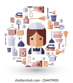 Housemaid and cleaning tools : Flat Illustration