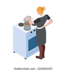 Housemaid cooking soup on cooker 3d isometric vector illustration