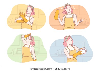 Housemaid or housekeeper set concept, Young woman housemaid does cleaning in kitchen. Girl housekeeper wiping plate thoroughly. Exhausted housewife wipes sweat out of forehead. Simple flat vector