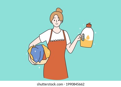 Housemaid and housewife concept. Portrait of smiling positive woman cartoon character working as housemaid holding in hands chemical softener laundry vector illustration 