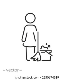 icono de la empleada doméstica, mujer con cuchara y cuchara, servicio de limpieza, símbolo de línea delgada sobre fondo blanco - ilustración de vector de trazo editable