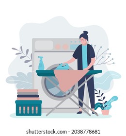 Housemaid ironing clothes on ironing board. Woman washed in washer and ironed textiles. Female character doing laundry. Worker engaged in housekeeping. Cleaning service. Flat vector illustration