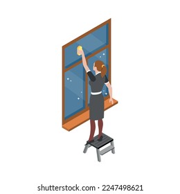 Housemaid in uniform washing window 3d isometric vector illustration