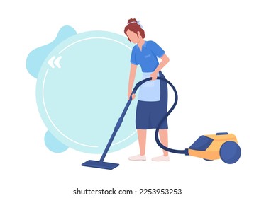 Housemaid with vacuum cleaner quote textbox with flat character. Professional house maid service. Speech bubble with editable cartoon illustration. Creative quotation isolated on white background
