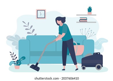Housemaid vacuuming in living room. Female character cleans floor with vacuum cleaner. Girl doing household chores. Cleaning service. Apartament interior design. Housekeeping. Flat vector illustration