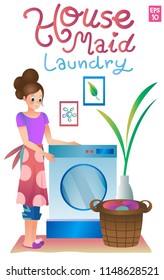 Housemaid vector character.She  use an automatic washing machine.vector illustration.