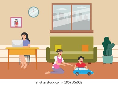 Housemaid vector concept: Little son playing toy car with his nanny at home while his mother working from home
