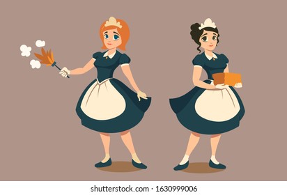 Housemaids with duster and stack of linen or towels. Happy young girls in black maid uniform. Female housekeepers in hotel or luxury house, cleaning service. Cartoon characters vector illustration