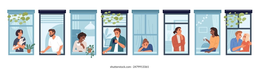 Housemates looking out windows. People in apartments. Fluttering curtains. Neighbors sitting at windowsill. Happy characters drinking coffee or playing with pets. Garish