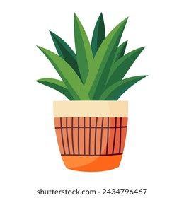 Houseplant aloe vera in a pot. Flat style. Green plant in a flower pot for cozy decoration of home, garden, veranda, balcony, terrace, office, living room, patio. Vector illustration.