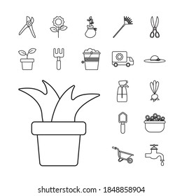 houseplant with bundle of gardening tools line style icons vector illustration design