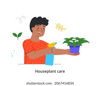 Houseplant care concept. Man sprays plants and flowers in pots with water and fertilizers. Home gardening, Character doing his favorite thing. Hobbies or housework. Cartoon flat vector illustration