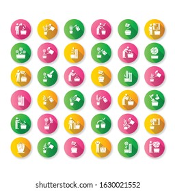 Houseplant care flat design long shadow glyph icons set. Indoor gardening. Domestic plant cultivation. Repotting, replanting. Planting seeds. Watering, soil fluffing. Silhouette RGB color illustration