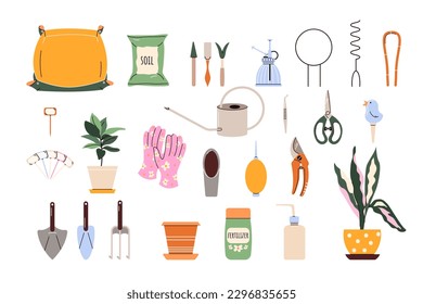 Houseplant care icons set. Indoor garden tools for transplanting, watering, fertilizing, pruning, plant support. Urban jungle supplies. Colored flat vector illustration isolated on white background 