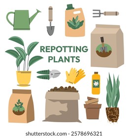 Houseplant care icons set. Indoor garden tools for transplanting, watering, fertilizing, pruning, plant support. Houseplant nursery, floristry and gardening concept