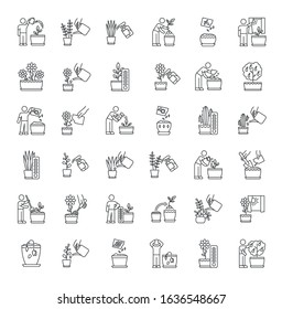 Houseplant care pixel perfect linear icons set. Repotting, replanting. Planting seeds. Watering. Customizable thin line contour symbols. Isolated vector outline illustrations. Editable stroke