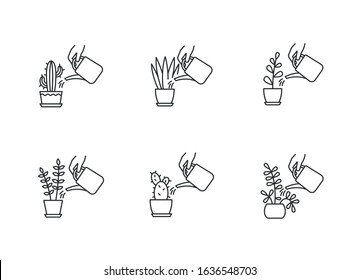 Houseplant care pixel perfect linear icons set. Watering plants. Moisturizing, rehydrating. Moistening. Customizable thin line contour symbols. Isolated vector outline illustrations. Editable stroke