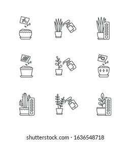 Houseplant care pixel perfect linear icons set. Spraying. Planting seeds. Air temperature conditions. Customizable thin line contour symbols. Isolated vector outline illustrations. Editable stroke