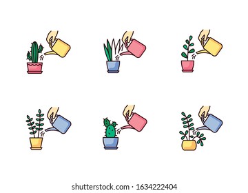 Houseplant care RGB color icons set. Indoor gardening process. Domestic plant cultivation. Watering domestic plants. Moisturizing, rehydrating soil. Moistening ground. Isolated vector illustrations