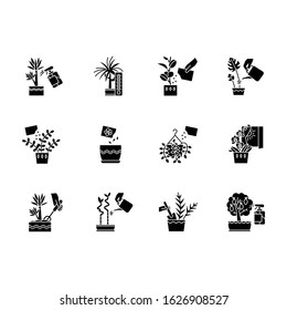 Houseplant caring black glyph icons set on white space. Plant transplant. Seed planting. Watering, fertilizing. Fluffing. Temperature conditions. Silhouette symbols. Vector isolated illustration