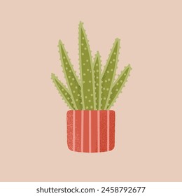 Houseplant in ceramic pot. Green plant, flower with fleshy leaves growing in flowerpot. Exotic succulent, aloe vera at home garden. Greenery, floral interior decor. Flat isolated vector illustration