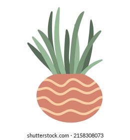 Houseplant in clay decorated pot hand drawn. Interior decoration for home, apartment and office isolated vector illustration. Simple deciduous indoor plant