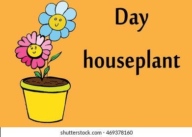 Houseplant Day. Drawn flowers in pot. Hand drawn vector stock illustration.