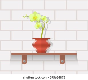 Houseplant design flat concept. House plant pot isolated, indoor plants flower and green nature, leaf and pot, gardening growth vector illustration. Vase with flowers on shelf against wall of brick