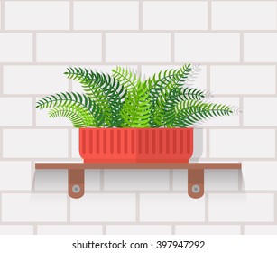 Houseplant design flat concept. House plant pot isolated, indoor plants flower and green nature, leaf and pot, gardening growth vector illustration. Vase with flowers on shelf against wall of brick