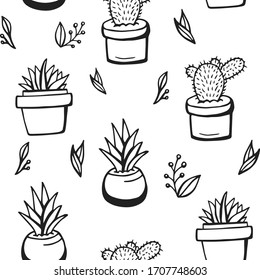 Houseplant doodle pattern. Useable for cards, posters, prints, textiles, wrappers, wallpapers, surfaces.