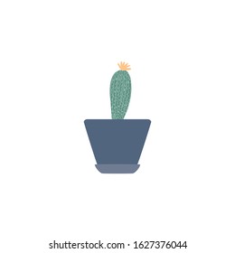 Houseplant in doodle style. Cacti yellow flower isolated on white background. Prickly green cactus in pots. Hand drawn floral vector illustration.
