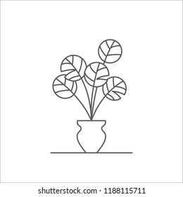 Houseplant editable line vector illustration - outline indoor flower with five round leaves in pot isolated on white background. Abstract decorative potted plant.