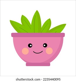 Houseplant with face in pink pot on white. Vector isolated image for use in website design or clipart