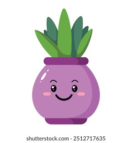 Planta de la casa con una cara en una olla púrpura, aislado en un fondo blanco. Ilustración vectorial para uso en diseño de Sitio web o Clipart. Ideal para la decoración del hogar y los diseños de temática vegetal.